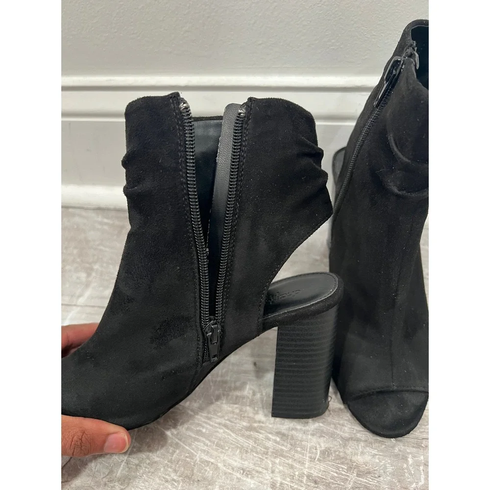 Charlotte Russe Lita Women 7 Black Peep Toe Block Heel Ankle Boots Ruched Cutout